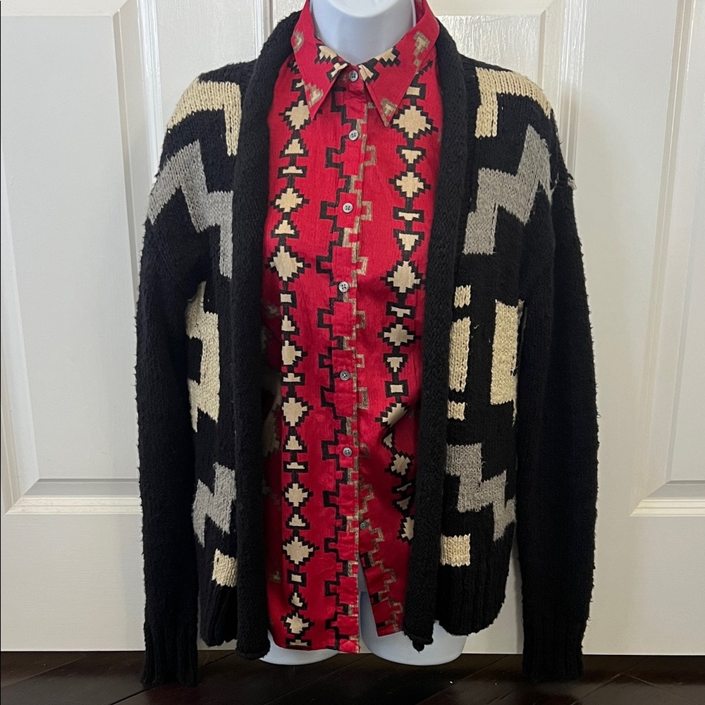 Ralph Lauren Aztec Black and Cream Patterned Cardigan and blouse S/M